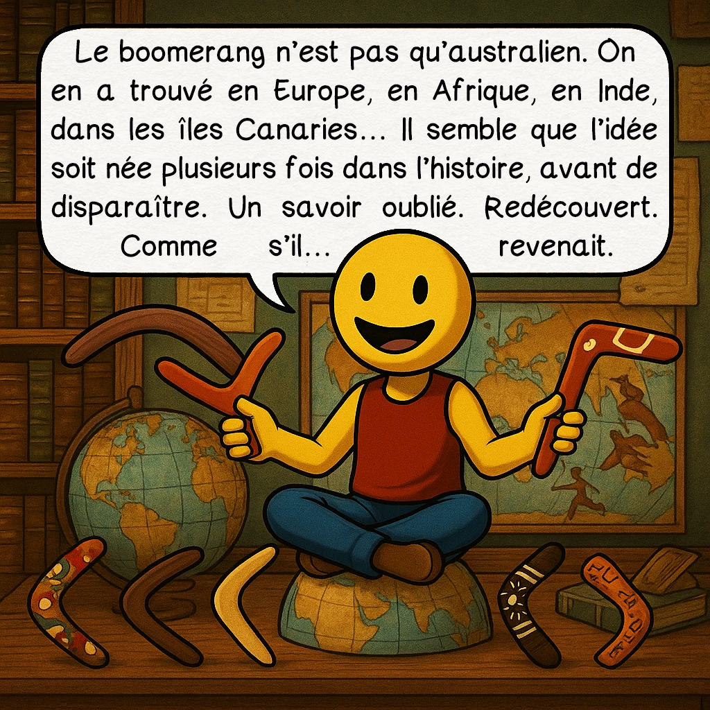 Le boomerang, case 9 : Le boomerang n’est pas qu’australien. On en a trouvé en Europe, en Afrique, en Inde, dans les îles Canaries… Il semble que l’idée soit née plusieurs fois dans l’histoire, avant de disparaître. Un savoir oublié. Redécouvert. Comme s’il… revenait.