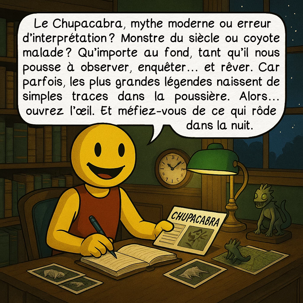 Le chupacabra, case 10 : Le Chupacabra, mythe moderne ou erreur d’interprétation ?Monstre du siècle ou coyote malade ?Qu’importe au fond, tant qu’il nous pousse à observer, enquêter… et rêver.Car parfois, les plus grandes légendes naissent de simples traces dans la poussière.Alors… ouvrez l’œil. Et méfiez-vous de ce qui rôde dans la nuit.