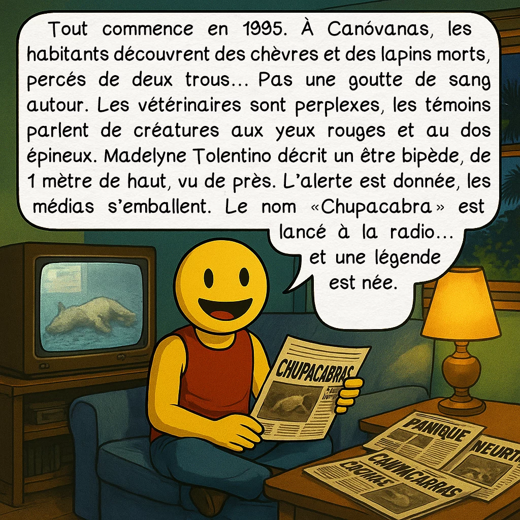 Le chupacabra, case 2 : Tout commence en 1995. À Canóvanas, les habitants découvrent des chèvres et des lapins morts, percés de deux trous…Pas une goutte de sang autour. Les vétérinaires sont perplexes, les témoins parlent de créatures aux yeux rouges et au dos épineux.Madelyne Tolentino décrit un être bipède, de 1 mètre de haut, vu de près. L’alerte est donnée, les médias s’emballent.Le nom « Chupacabra » est lancé à la radio… et une légende est née.