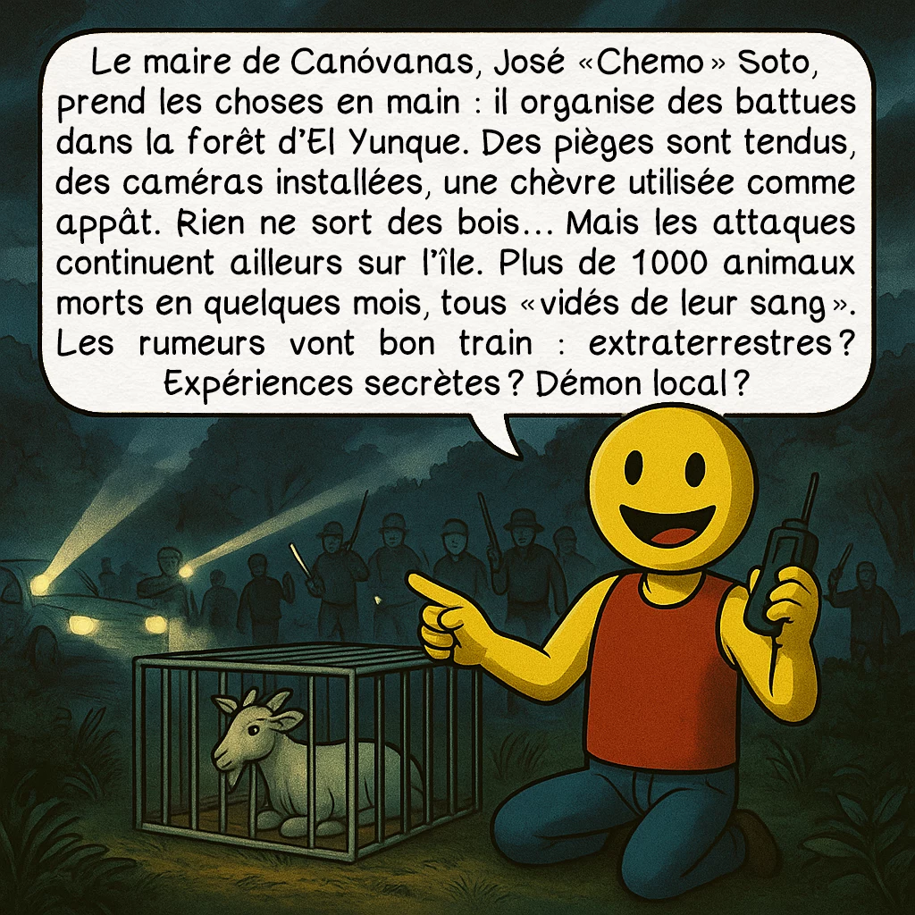 Le chupacabra, case 3 : Le maire de Canóvanas, José « Chemo » Soto, prend les choses en main : il organise des battues dans la forêt d’El Yunque.Des pièges sont tendus, des caméras installées, une chèvre utilisée comme appât. Rien ne sort des bois…Mais les attaques continuent ailleurs sur l’île. Plus de 1 000 animaux morts en quelques mois, tous « vidés de leur sang ».Les rumeurs vont bon train : extraterrestres ? Expériences secrètes ? Démon local ?