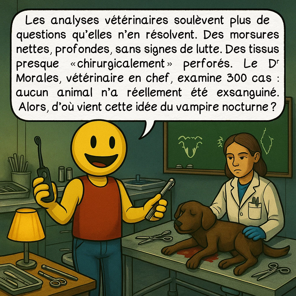 Le chupacabra, case 4 : Les analyses vétérinaires soulèvent plus de questions qu’elles n’en résolvent.Des morsures nettes, profondes, sans signes de lutte. Des tissus presque « chirurgicalement » perforés.Le Dr Morales, vétérinaire en chef, examine 300 cas : aucun animal n’a réellement été exsanguiné.Alors, d’où vient cette idée du vampire nocturne ? »