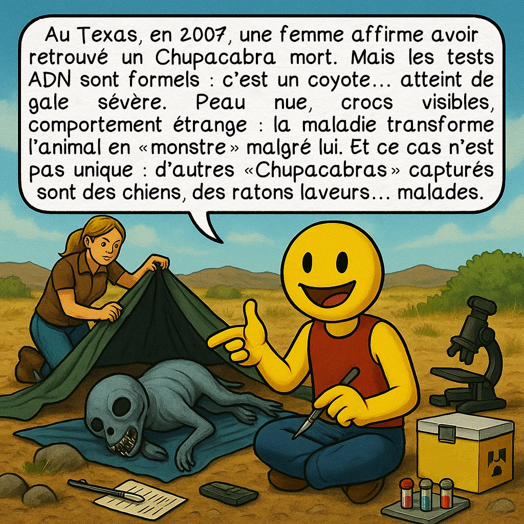 Le chupacabra, case 6 : Au Texas, en 2007, une femme affirme avoir retrouvé un Chupacabra mort.Mais les tests ADN sont formels : c’est un coyote… atteint de gale sévère.Peau nue, crocs visibles, comportement étrange : la maladie transforme l’animal en « monstre » malgré lui.Et ce cas n’est pas unique : d’autres « Chupacabras » capturés sont des chiens, des ratons laveurs… malades.