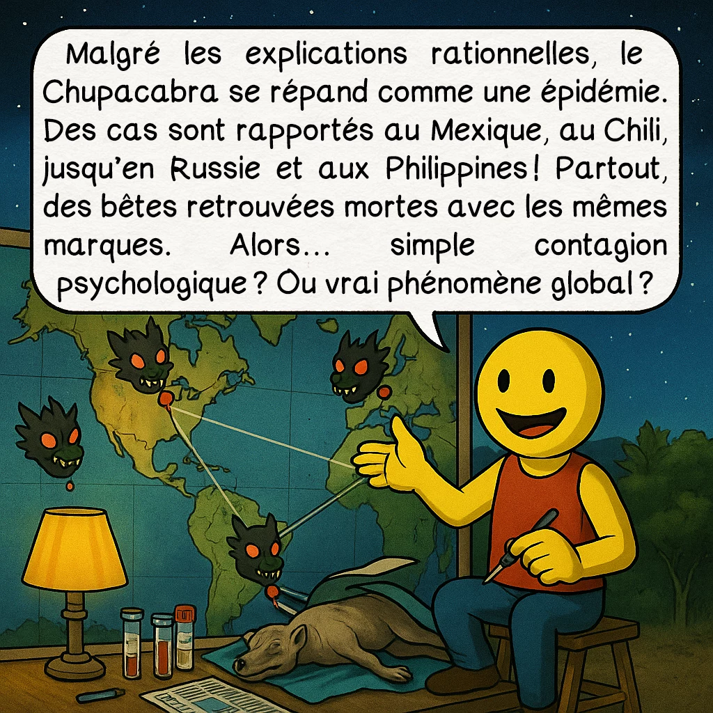 Le chupacabra, case 7 : Malgré les explications rationnelles, le Chupacabra se répand comme une épidémie.Des cas sont rapportés au Mexique, au Chili, jusqu’en Russie et aux Philippines !Partout, des bêtes retrouvées mortes avec les mêmes marques.Alors… simple contagion psychologique ? Ou vrai phénomène global ?