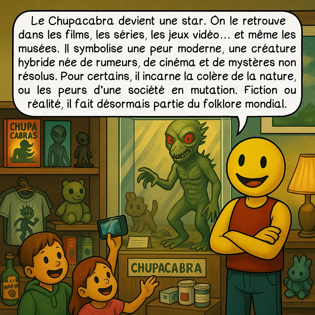 Le chupacabra, case 8 : Le Chupacabra devient une star. On le retrouve dans les films, les séries, les jeux vidéo… et même les musées.Il symbolise une peur moderne, une créature hybride née de rumeurs, de cinéma et de mystères non résolus.Pour certains, il incarne la colère de la nature, ou les peurs d’une société en mutation.Fiction ou réalité, il fait désormais partie du folklore mondial.