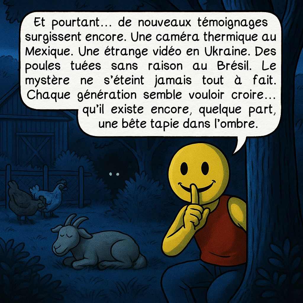 Le chupacabra, case 9 : Et pourtant… de nouveaux témoignages surgissent encore.Une caméra thermique au Mexique. Une étrange vidéo en Ukraine. Des poules tuées sans raison au Brésil.Le mystère ne s’éteint jamais tout à fait. Chaque génération semble vouloir croire……qu’il existe encore, quelque part, une bête tapie dans l’ombre.