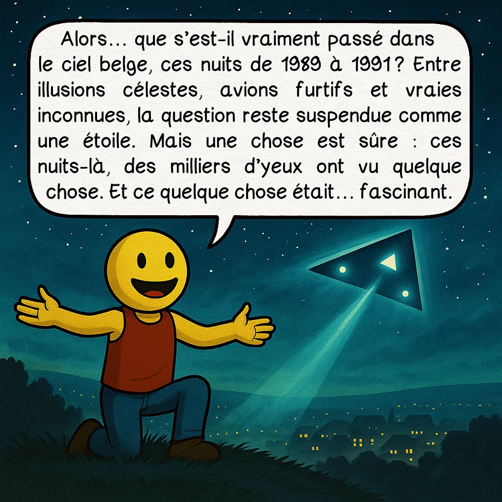 La vague belge d’OVNI de 1989 — 1991, case 10 : Alors… que s’est-il vraiment passé dans le ciel belge, ces nuits de 1989 à 1991 ? Entre illusions célestes, avions furtifs et vraies inconnues, la question reste suspendue comme une étoile. Mais une chose est sûre : ces nuits-là, des milliers d’yeux ont vu quelque chose. Et ce quelque chose, c’était… fascinant.
