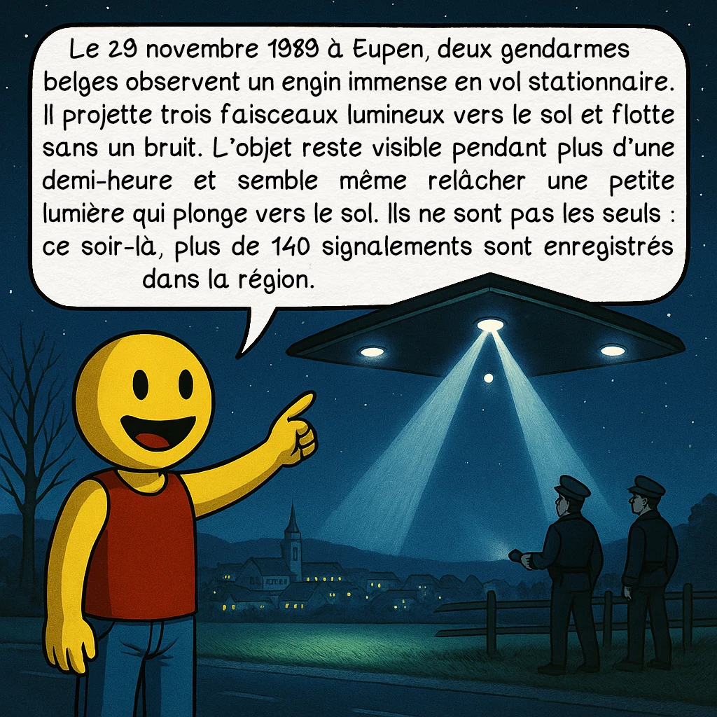 La vague belge d’OVNI de 1989 — 1991, case 2 : Le 29 novembre 1989 à Eupen, deux gendarmes belges observent un engin immense en vol stationnaire. Il projette trois faisceaux lumineux vers le sol et flotte sans un bruit. L’objet reste visible pendant plus d’une demi-heure et semble même relâcher une petite lumière qui plonge vers le sol. Ils ne sont pas les seuls : ce soir-là, plus de 140 signalements sont enregistrés dans la région.