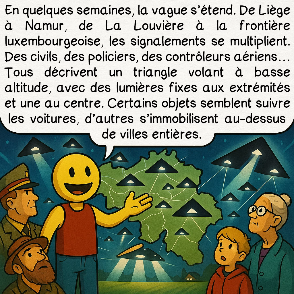 La vague belge d’OVNI de 1989 — 1991, case 3 : En quelques semaines, la vague s’étend. De Liège à Namur, de La Louvière à la frontière luxembourgeoise, les signalements se multiplient. Des civils, des policiers, des contrôleurs aériens… Tous décrivent un triangle volant à basse altitude, avec des lumières fixes aux extrémités et une au centre. Certains objets semblent suivre les voitures, d’autres s’immobilisent au-dessus de villes entières.