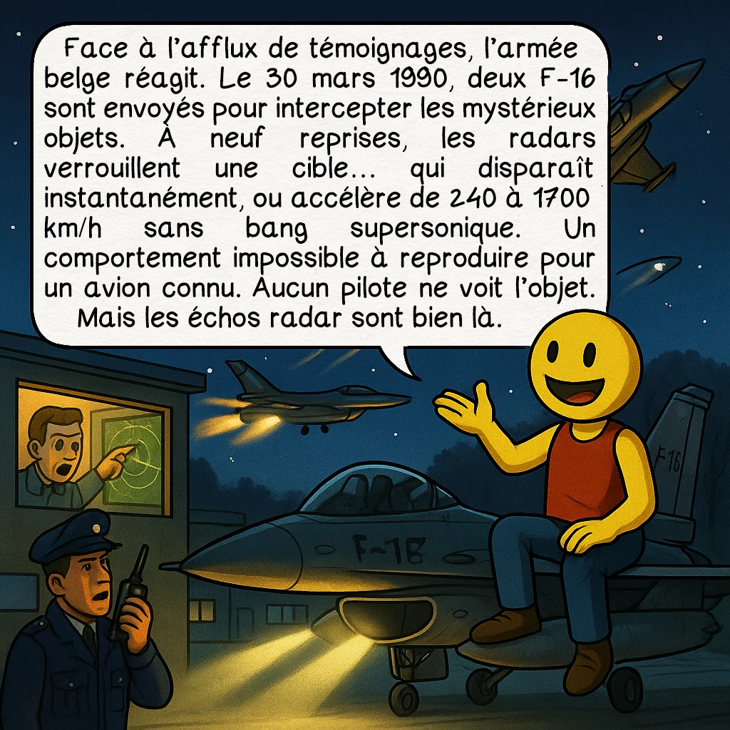 La vague belge d’OVNI de 1989 — 1991, case 4 : Face à l’afflux de témoignages, l’armée belge réagit. Le 30 mars 1990, deux F-16 sont envoyés pour intercepter les mystérieux objets. À neuf reprises, les radars verrouillent une cible… qui disparaît instantanément, ou accélère de 240 à 1700 km/h sans bang supersonique. Un comportement impossible à reproduire pour un avion connu. Aucun pilote ne voit l’objet. Mais les échos radar sont bien là.