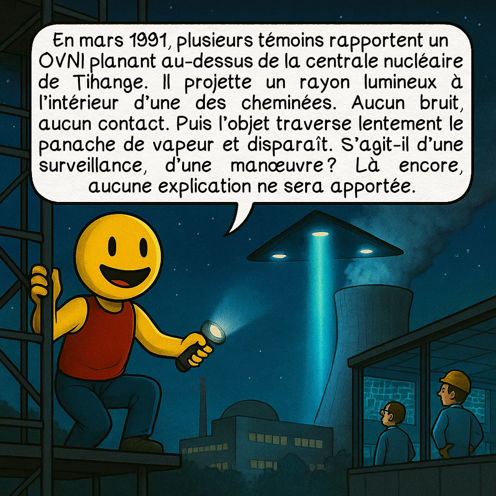 La vague belge d’OVNI de 1989 — 1991, case 5 : En mars 1991, plusieurs témoins rapportent un OVNI planant au-dessus de la centrale nucléaire de Tihange. Il projette un rayon lumineux à l’intérieur d’une des cheminées. Aucun bruit, aucun contact. Puis l’objet traverse lentement le panache de vapeur et disparaît. S’agit-il d’une surveillance, d’une manœuvre ? Là encore, aucune explication ne sera apportée.