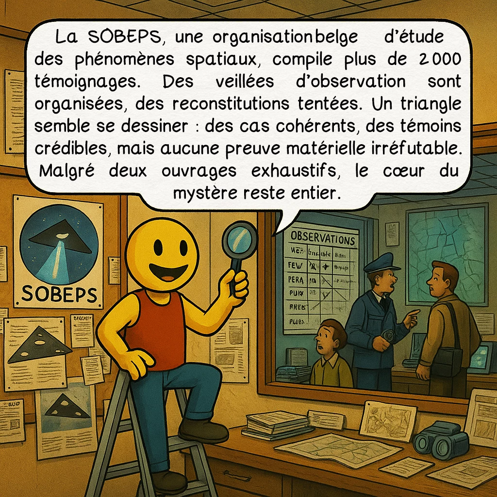 La vague belge d’OVNI de 1989 — 1991, case 6 : La SOBEPS, une organisation belge d’étude des phénomènes spatiaux, compile plus de 2 000 témoignages. Des veillées d’observation sont organisées, des reconstitutions tentées. Un triangle semble se dessiner : des cas cohérents, des témoins crédibles, mais aucune preuve matérielle irréfutable. Malgré deux ouvrages exhaustifs, le cœur du mystère reste entier.