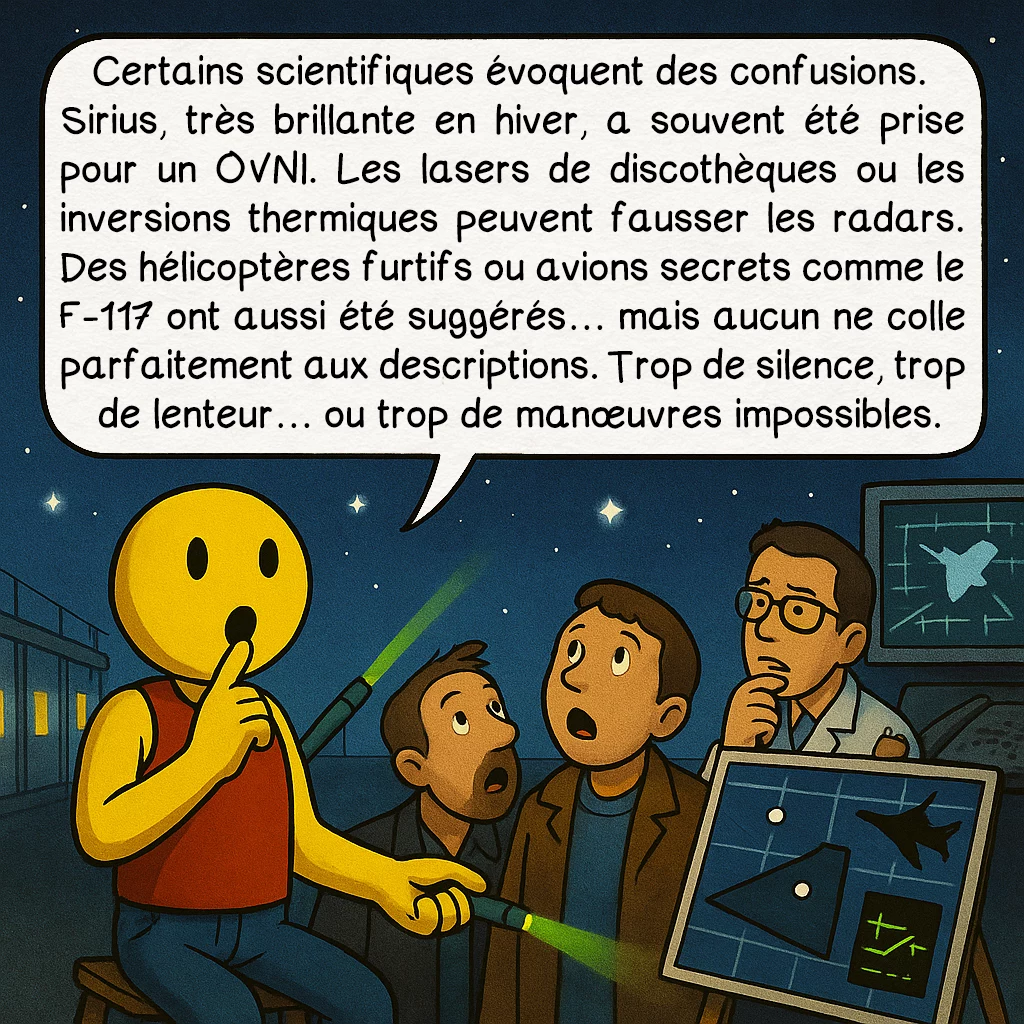 La vague belge d’OVNI de 1989 — 1991, case 7 : Certains scientifiques évoquent des confusions. Sirius, très brillante en hiver, a souvent été prise pour un OVNI. Les lasers de discothèques ou les inversions thermiques peuvent fausser les radars. Des hélicoptères furtifs ou avions secrets comme le F-117 ont aussi été suggérés… mais aucun ne colle parfaitement aux descriptions. Trop de silence, trop de lenteur… ou trop de manœuvres impossibles.
