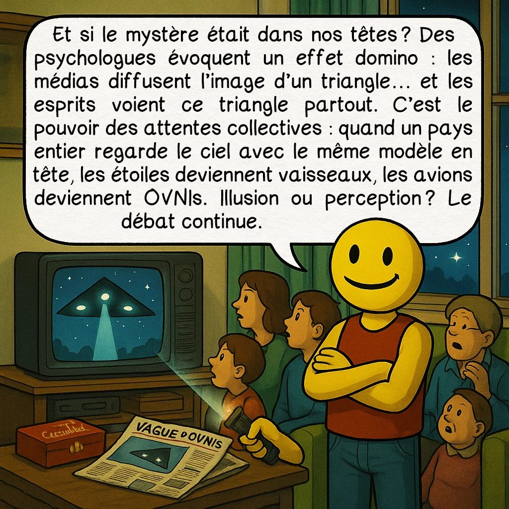 La vague belge d’OVNI de 1989 — 1991, case 8 : Et si le mystère était dans nos têtes ? Des psychologues évoquent un effet domino : les médias diffusent l’image d’un triangle… et les esprits voient ce triangle partout. C’est le pouvoir des attentes collectives : quand un pays entier regarde le ciel avec le même modèle en tête, les étoiles deviennent vaisseaux, les avions deviennent OVNIs. Illusion ou perception ? Le débat continue.
