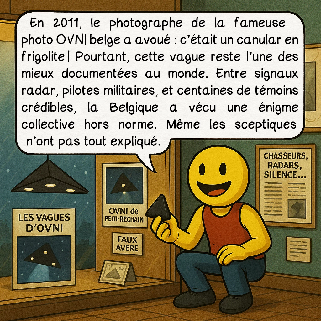 La vague belge d’OVNI de 1989 — 1991, case 9 : En 2011, le photographe de la fameuse photo OVNI belge a avoué : c’était un canular en frigolite ! Pourtant, cette vague reste l’une des mieux documentées au monde. Entre signaux radar, pilotes militaires, et centaines de témoins crédibles, la Belgique a vécu une énigme collective hors norme. Même les sceptiques n’ont pas tout expliqué.