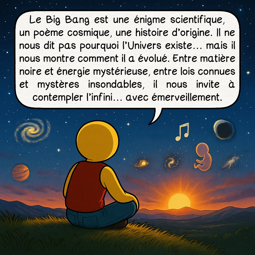 Le big bang, case 10 : Le Big Bang est une énigme scientifique, un poème cosmique, une histoire d’origine. Il ne nous dit pas pourquoi l’Univers existe… mais il nous montre comment il a évolué. Entre matière noire et énergie mystérieuse, entre lois connues et mystères insondables, il nous invite à contempler l’infini… avec émerveillement.
