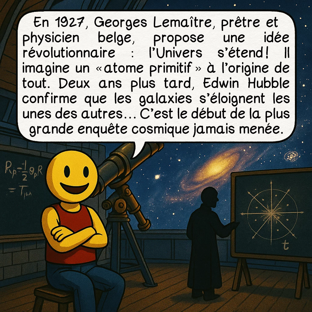 Le big bang, case 2 : En 1927, Georges Lemaître, prêtre et physicien belge, propose une idée révolutionnaire : l’Univers s’étend ! Il imagine un « atome primitif » à l’origine de tout. Deux ans plus tard, Edwin Hubble confirme que les galaxies s’éloignent les unes des autres… C’est le début de la plus grande enquête cosmique jamais menée.