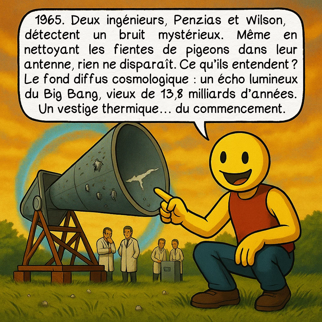 Le big bang, case 3 : 1965. Deux ingénieurs, Penzias et Wilson, détectent un bruit mystérieux. Même en nettoyant les fientes de pigeons dans leur antenne, rien ne disparaît. Ce qu’ils entendent ? Le fond diffus cosmologique : un écho lumineux du Big Bang, vieux de 13,8 milliards d’années. Un vestige thermique… du commencement.