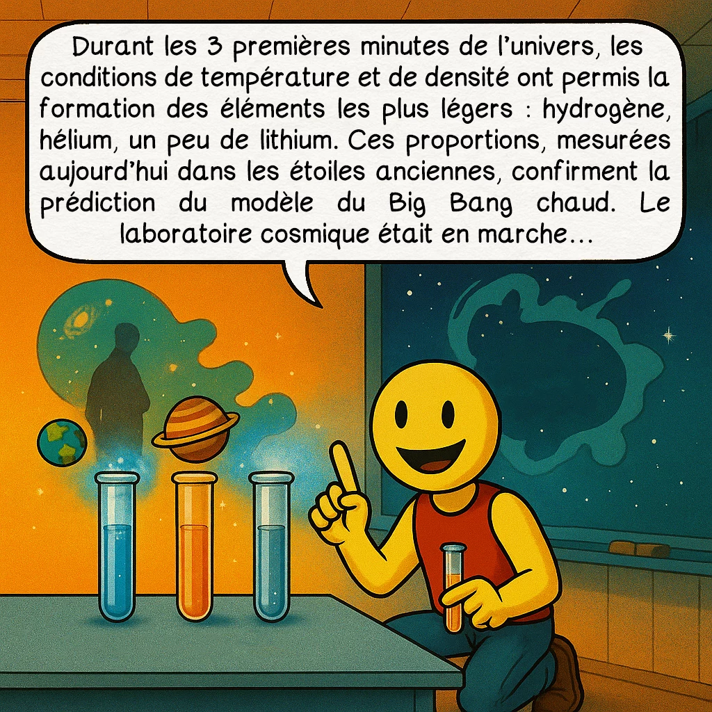Le big bang, case 4 : Durant les 3 premières minutes, les conditions de température et de densité ont permis la formation des éléments les plus légers : hydrogène, hélium, un peu de lithium. Ces proportions, mesurées aujourd’hui dans les étoiles anciennes, confirment la prédiction du modèle du Big Bang chaud. Le laboratoire cosmique était en marche…