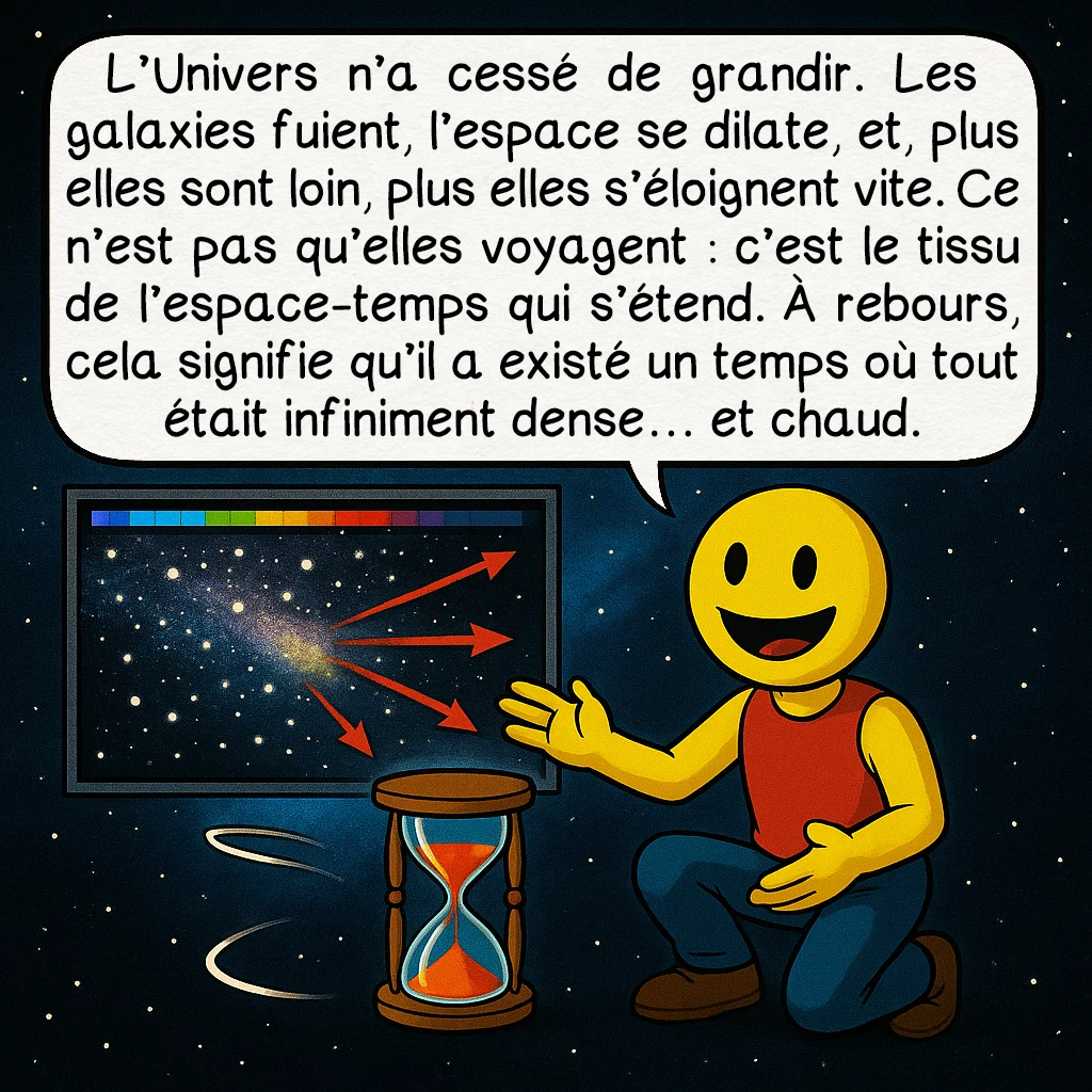 Le big bang, case 5 : L’Univers n’a cessé de grandir. Les galaxies fuient, l’espace se dilate, et, plus elles sont loin, plus elles s’éloignent vite. Ce n’est pas qu’elles voyagent : c’est le tissu de l’espace-temps qui s’étend. À rebours, cela signifie qu’il a existé un temps où tout était infiniment dense… et chaud.