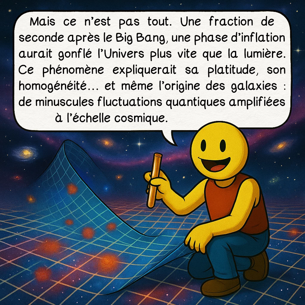 Le big bang, case 6 : Mais ce n’est pas tout. Une fraction de seconde après le Big Bang, une phase d’inflation aurait gonflé l’Univers plus vite que la lumière. Ce phénomène expliquerait sa platitude, son homogénéité… et même l’origine des galaxies : de minuscules fluctuations quantiques amplifiées à l’échelle cosmique.