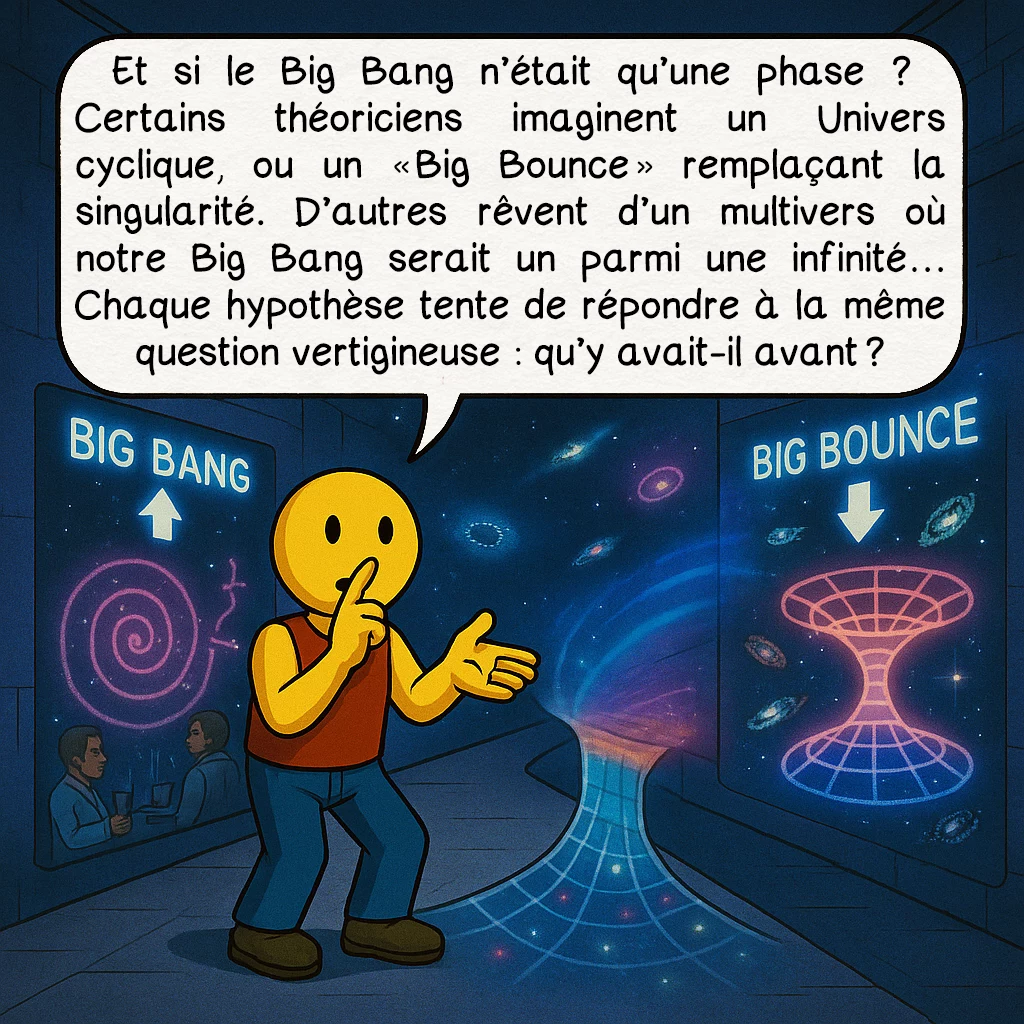 Le big bang, case 7 : Et si le Big Bang n’était qu’un passage ? Certains théoriciens imaginent un Univers cyclique, ou un « Big Bounce » remplaçant la singularité. D’autres rêvent d’un multivers où notre Big Bang serait un parmi une infinité… Chaque hypothèse tente de répondre à la même question vertigineuse : qu’y avait-il avant ?