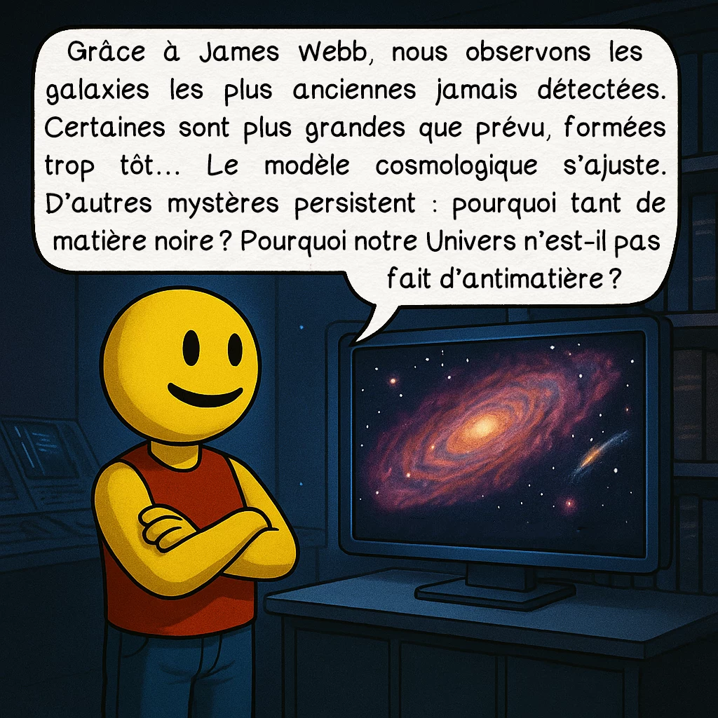 Le big bang, case 8 : Grâce à James Webb, nous observons les galaxies les plus anciennes jamais détectées. Certaines sont plus grandes que prévu, formées trop tôt… Le modèle cosmologique s’ajuste. D’autres mystères persistent : pourquoi tant de matière noire ? Pourquoi notre Univers n’est-il pas fait d’antimatière ?