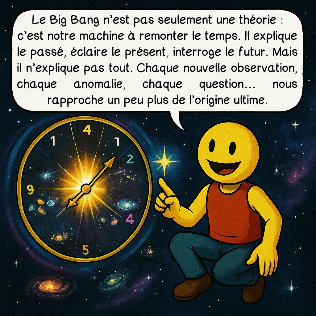 Le big bang, case 9 : Le Big Bang n’est pas seulement une théorie : c’est notre machine à remonter le temps. Il explique le passé, éclaire le présent, interroge le futur. Mais il n’explique pas tout. Chaque nouvelle observation, chaque anomalie, chaque question… nous rapproche un peu plus de l’origine ultime.