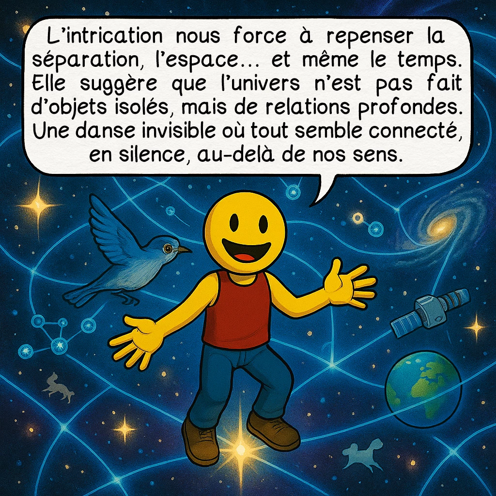 L’intrication quantique, case 10 : L’intrication nous force à repenser la séparation, l’espace… et même le temps. Elle suggère que l’univers n’est pas fait d’objets isolés, mais de relations profondes. Une danse invisible où tout semble connecté, en silence, au-delà de nos sens.
