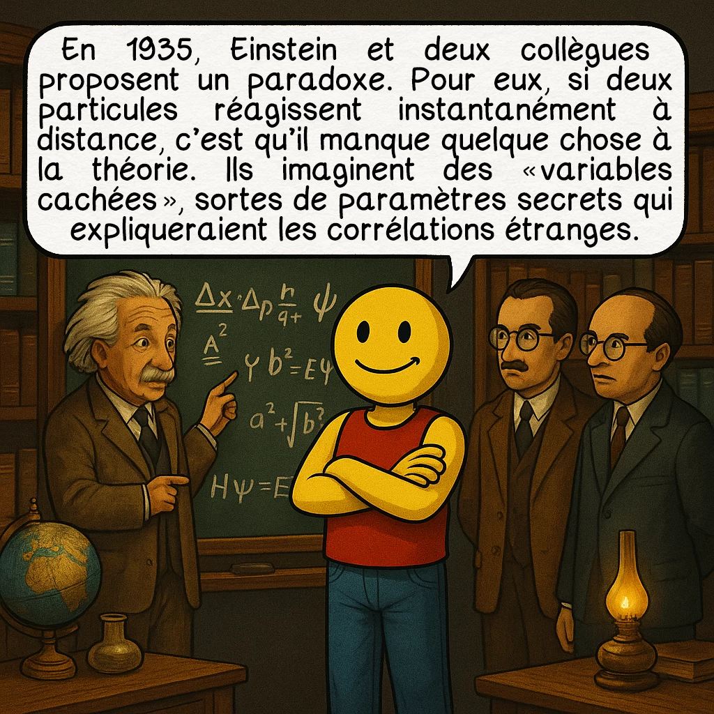 L’intrication quantique, case 2 : En 1935, Einstein et deux collègues proposent un paradoxe. Pour eux, si deux particules réagissent instantanément à distance, c’est qu’il manque quelque chose à la théorie. Ils imaginent des « variables cachées », sortes de paramètres secrets qui expliqueraient les corrélations étranges.
