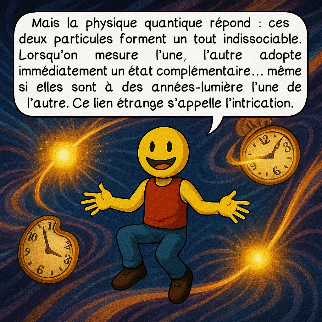 L’intrication quantique, case 3 : Mais la physique quantique répond : ces deux particules forment un tout indissociable. Lorsqu’on mesure l’une, l’autre adopte immédiatement un état complémentaire… même si elles sont à des années-lumière l’une de l’autre. Ce lien étrange s’appelle l’intrication.