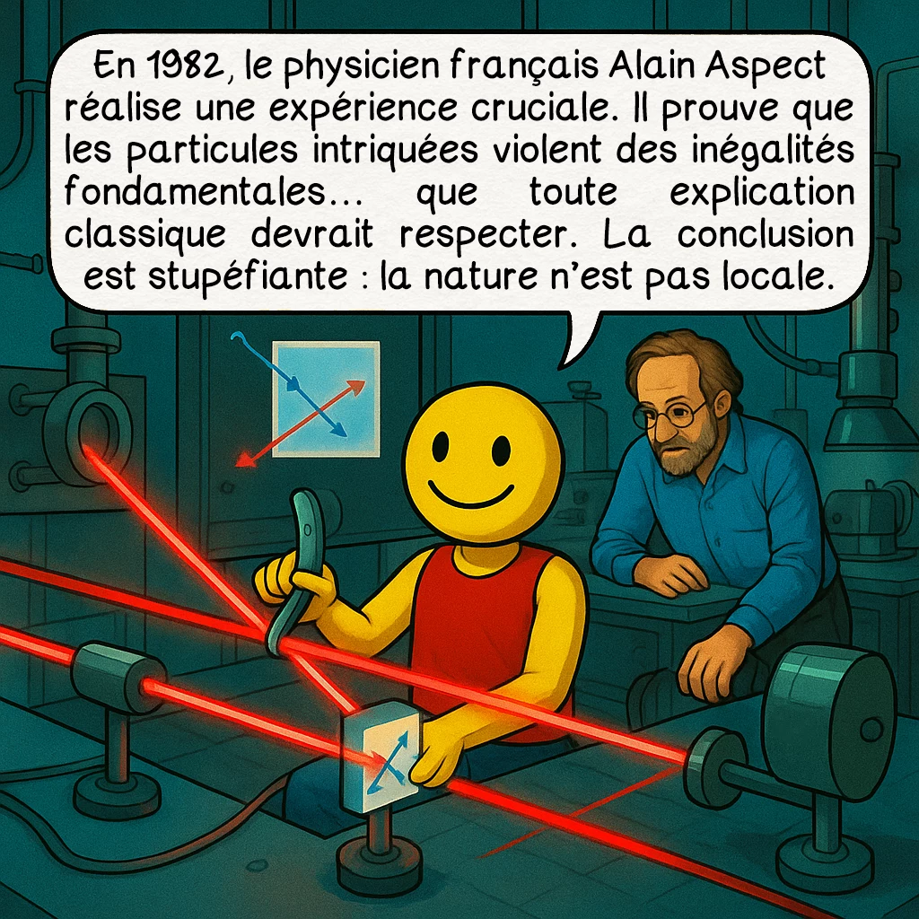 L’intrication quantique, case 4 : En 1982, le physicien français Alain Aspect réalise une expérience cruciale. Il prouve que les particules intriquées violent des inégalités fondamentales… que toute explication classique devrait respecter. La conclusion est stupéfiante : la nature n’est pas locale.