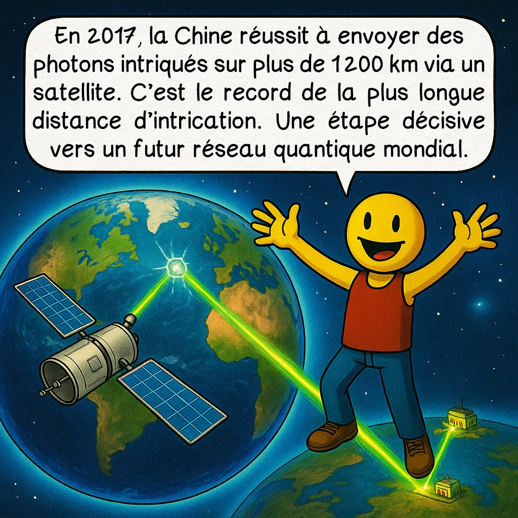 L’intrication quantique, case 5 : En 2017, la Chine réussit à envoyer des photons intriqués sur plus de 1 200 km via un satellite. C’est le record de la plus longue distance d’intrication. Une étape décisive vers un futur réseau quantique mondial.