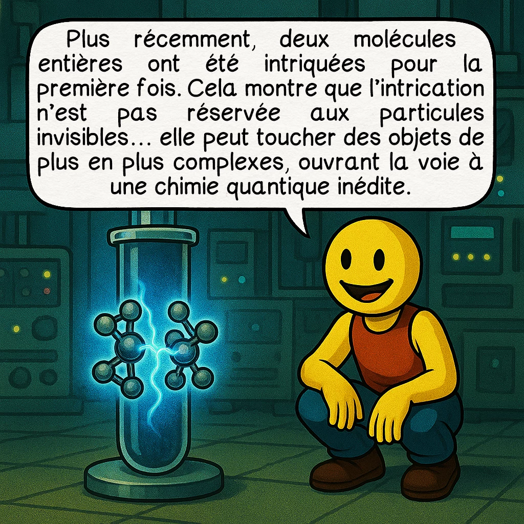 L’intrication quantique, case 6 : Plus récemment, deux molécules entières ont été intriquées pour la première fois. Cela montre que l’intrication n’est pas réservée aux particules invisibles… elle peut toucher des objets de plus en plus complexes, ouvrant la voie à une chimie quantique inédite.