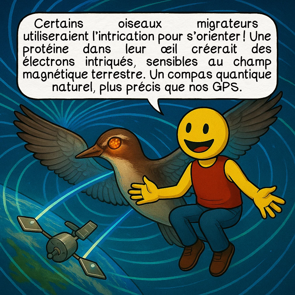 L’intrication quantique, case 7 : Certains oiseaux migrateurs utiliseraient l’intrication pour s’orienter ! Une protéine dans leur œil créerait des électrons intriqués, sensibles au champ magnétique terrestre. Un compas quantique naturel, plus précis que nos GPS.