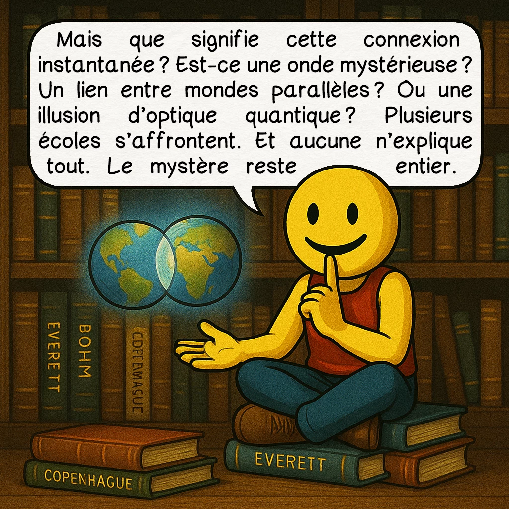 L’intrication quantique, case 8 : Mais que signifie cette connexion instantanée ? Est-ce une onde mystérieuse ? Un lien entre mondes parallèles ? Ou une illusion d’optique quantique ? Plusieurs écoles s’affrontent. Et aucune n’explique tout. Le mystère reste entier.