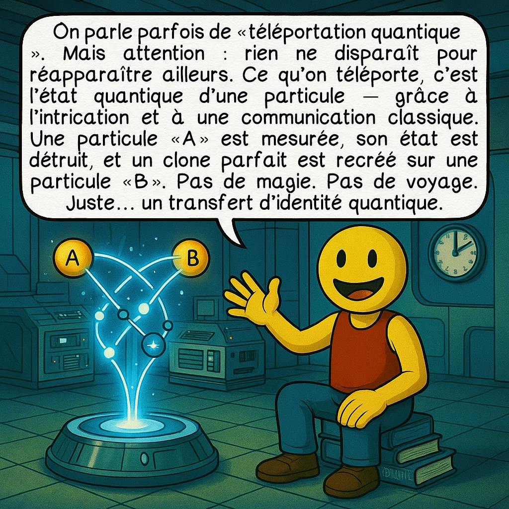 L’intrication quantique, case 9 : On parle parfois de « téléportation quantique ». Mais attention : rien ne disparaît pour réapparaître ailleurs. Ce qu’on téléporte, c’est l’état quantique d’une particule — grâce à l’intrication et à une communication classique. Une particule « A » est mesurée, son état est détruit, et un clone parfait est recréé sur une particule « B ». Pas de magie. Pas de voyage. Juste… un transfert d’identité quantique.
