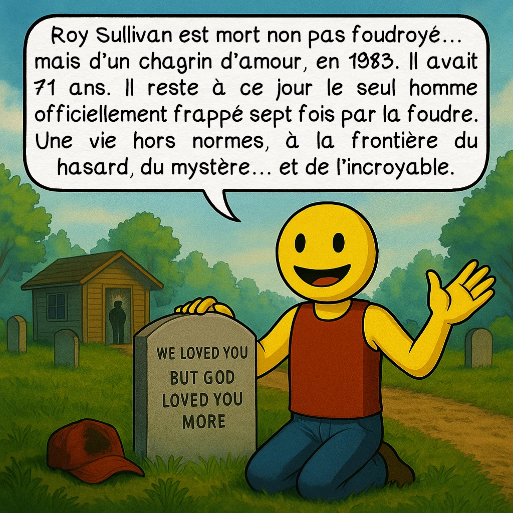 Roy Sullivan, case 10 : Roy Sullivan est mort non pas foudroyé… mais d’un chagrin d’amour, en 1983. Il avait 71 ans. Il reste à ce jour le seul homme officiellement frappé sept fois par la foudre. Une vie hors normes, à la frontière du hasard, du mystère… et de l’incroyable.