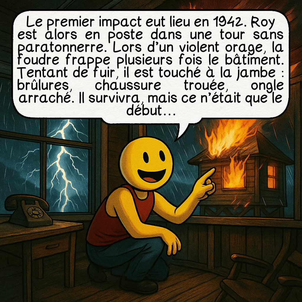 Roy Sullivan, case 2 : Le premier impact eut lieu en 1942. Roy est alors en poste dans une tour sans paratonnerre. Lors d’un violent orage, la foudre frappe plusieurs fois le bâtiment. Tentant de fuir, il est touché à la jambe : brûlures, chaussure trouée, ongle arraché. Il survivra, mais ce n’était que le début…