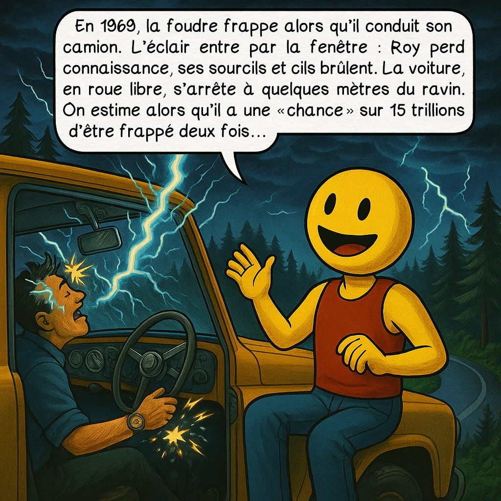 Roy Sullivan, case 3 : En 1969, la foudre frappe alors qu’il conduit son camion. L’éclair entre par la fenêtre : Roy perd connaissance, ses sourcils et cils brûlent. La voiture, en roue libre, s’arrête à quelques mètres du ravin. On estime alors qu’il a une « chance » sur 15 trillions d’être frappé deux fois…