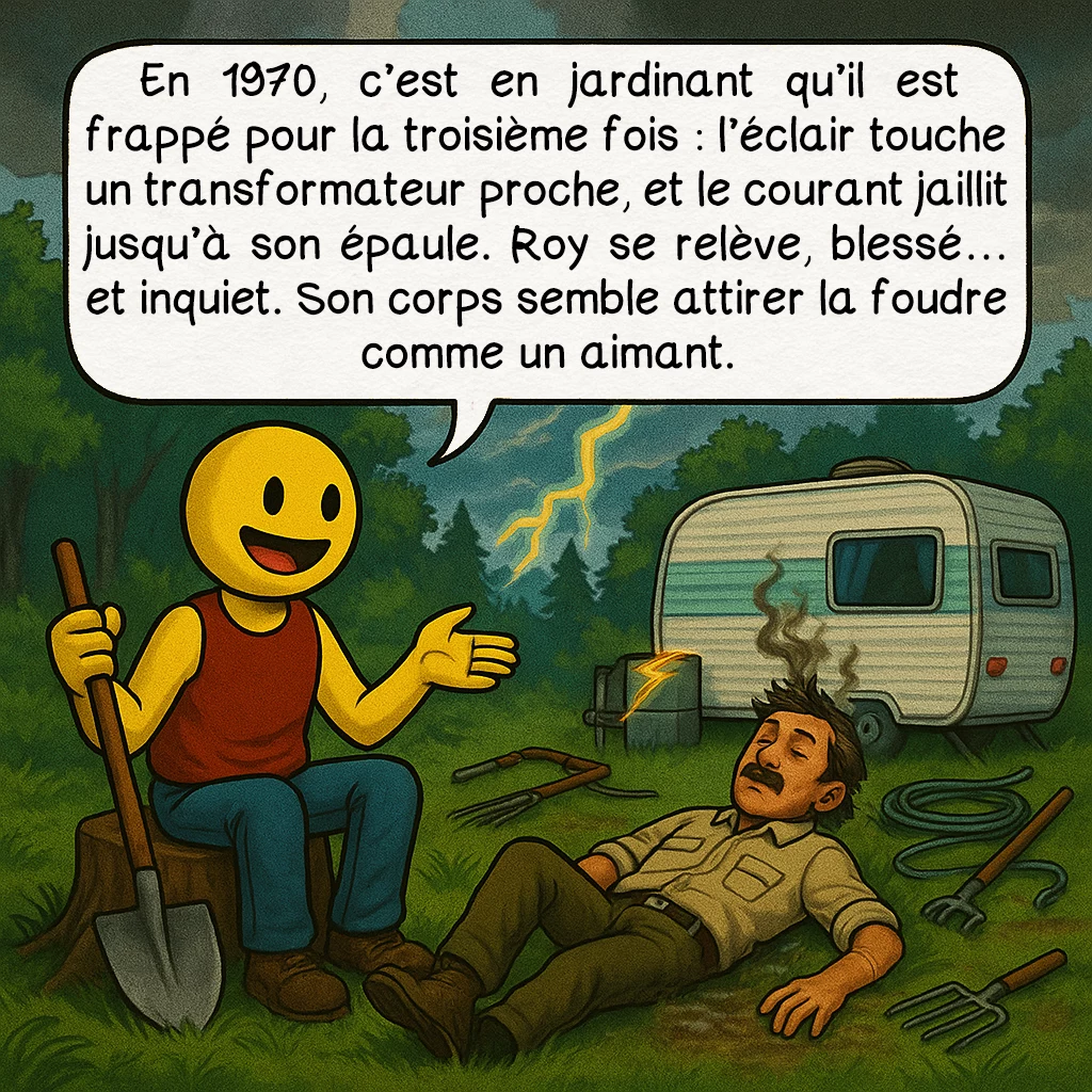 Roy Sullivan, case 4 : En 1970, c’est en jardinant qu’il est frappé pour la troisième fois : l’éclair touche un transformateur proche, et le courant jaillit jusqu’à son épaule. Roy se relève, blessé… et inquiet. Son corps semble attirer la foudre comme un aimant.
