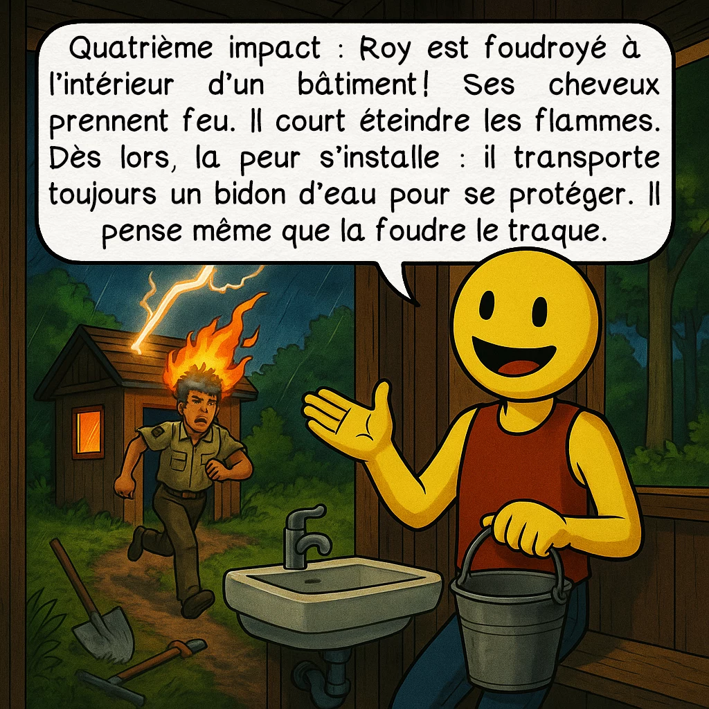 Roy Sullivan, case 5 : Quatrième impact : Roy est foudroyé à l’intérieur d’un bâtiment ! Ses cheveux prennent feu. Il court éteindre les flammes. Dès lors, la peur s’installe : il transporte toujours un bidon d’eau pour se protéger. Il pense même que la foudre le traque.