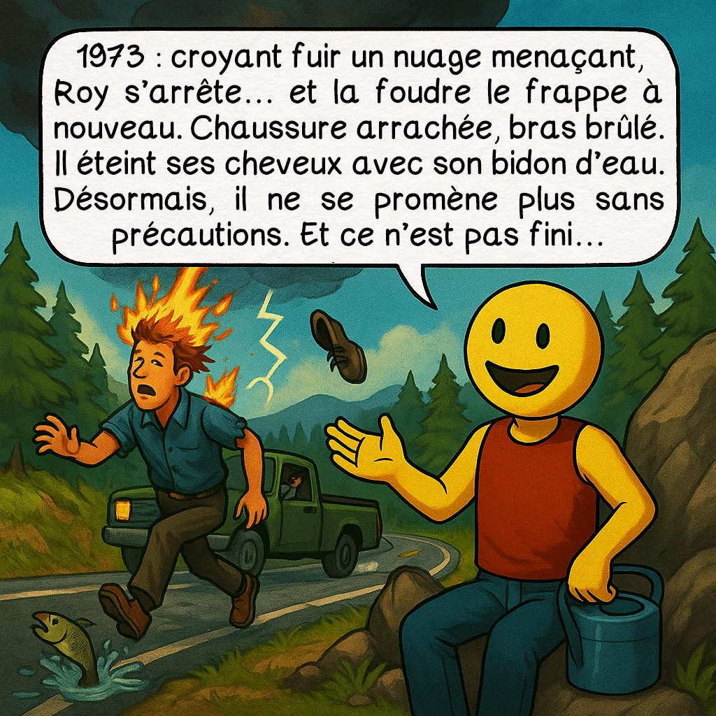 Roy Sullivan, case 6 : 1973 : croyant fuir un nuage menaçant, Roy s’arrête… et la foudre le frappe à nouveau. Chaussure arrachée, bras brûlé. Il éteint ses cheveux avec son bidon d’eau. Désormais, il ne se promène plus sans précautions. Et ce n’est pas fini…
