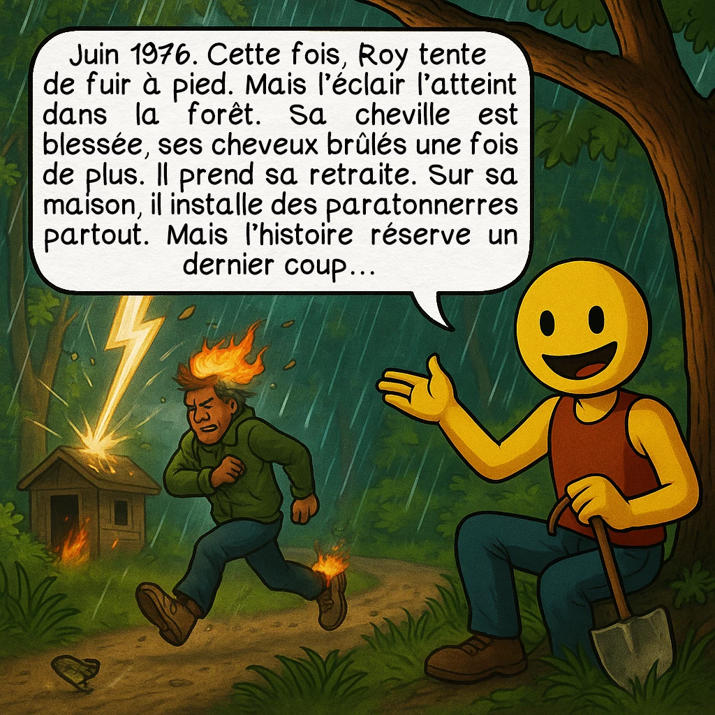Roy Sullivan, case 7 : Juin 1976. Cette fois, Roy tente de fuir à pied. Mais l’éclair l’atteint dans la forêt. Sa cheville est blessée, ses cheveux brûlés une fois de plus. Il prend sa retraite. Sur sa maison, il installe des paratonnerres partout. Mais l’histoire réserve un dernier coup…