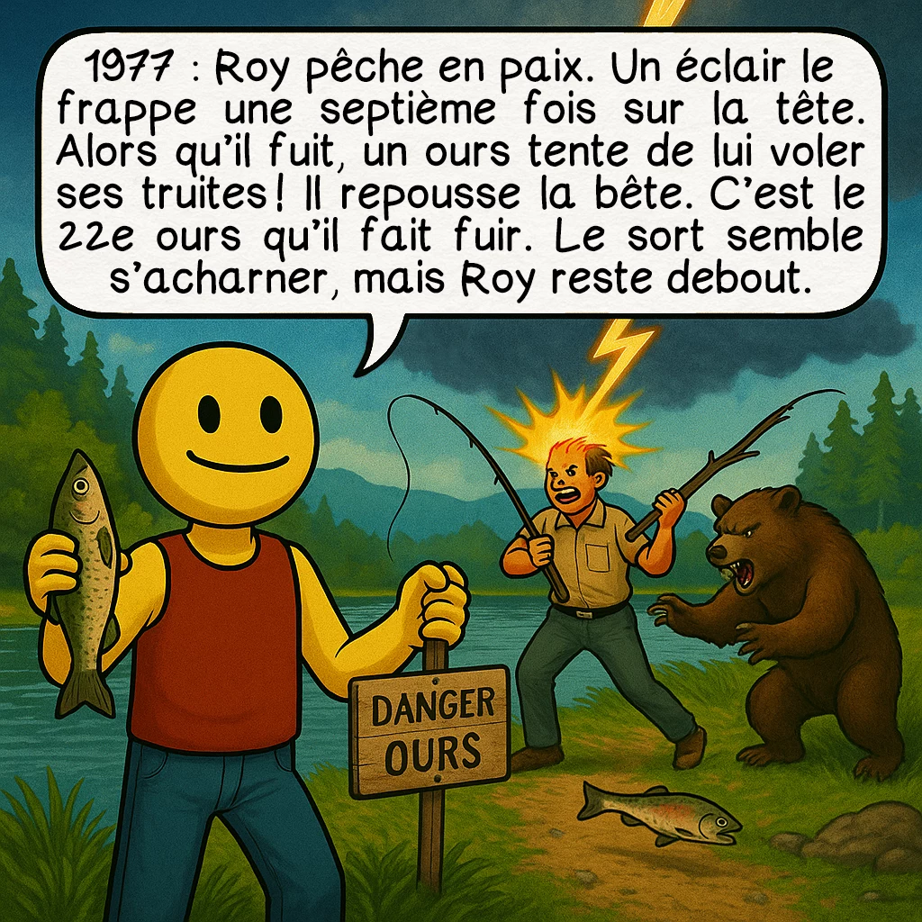 Roy Sullivan, case 8 : 1977 : Roy pêche en paix. Un éclair le frappe une septième fois sur la tête. Alors qu’il fuit, un ours tente de lui voler ses truites ! Il repousse la bête. C’est le 22e ours qu’il fait fuir. Le sort semble s’acharner, mais Roy reste debout.