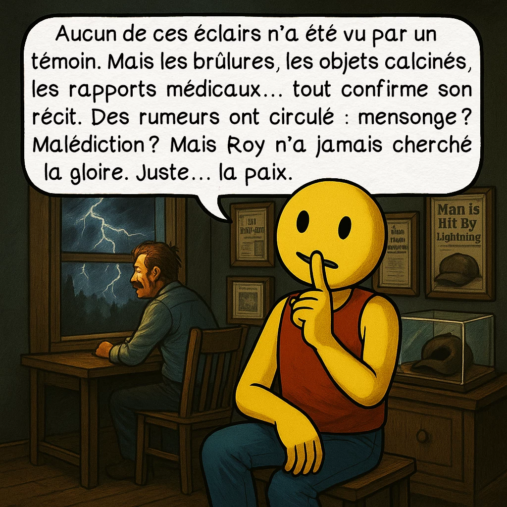 Roy Sullivan, case 9 : Aucun de ces éclairs n’a été vu par un témoin. Mais les brûlures, les objets calcinés, les rapports médicaux… tout confirme son récit. Des rumeurs ont circulé : mensonge ? Malédiction ? Mais Roy n’a jamais cherché la gloire. Juste… la paix.