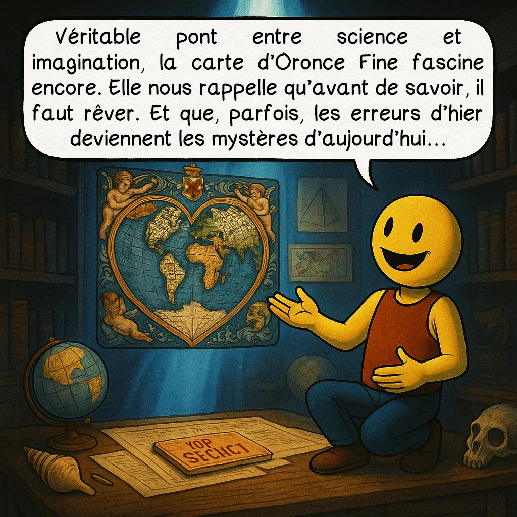 La carte d’Oronce Fine, case 10 : Véritable pont entre science et imagination, la carte d’Oronce Fine fascine encore. Elle nous rappelle qu’avant de savoir, il faut rêver. Et que, parfois, les erreurs d’hier deviennent les mystères d’aujourd’hui…