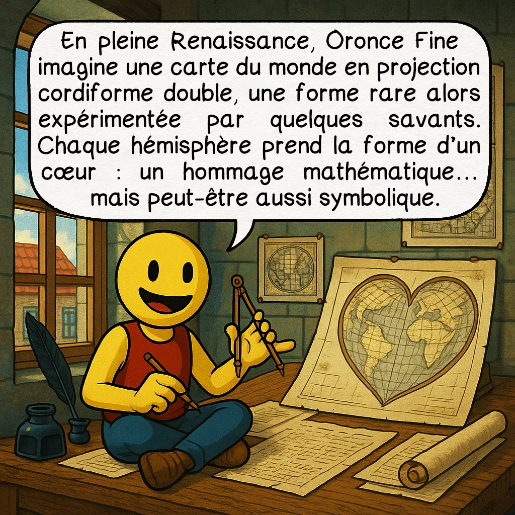 La carte d’Oronce Fine, case 2 : En pleine Renaissance, Oronce Fine imagine une carte du monde en projection cordiforme double, une forme rare alors expérimentée par quelques savants. Chaque hémisphère prend la forme d’un cœur : un hommage mathématique… mais peut-être aussi symbolique.