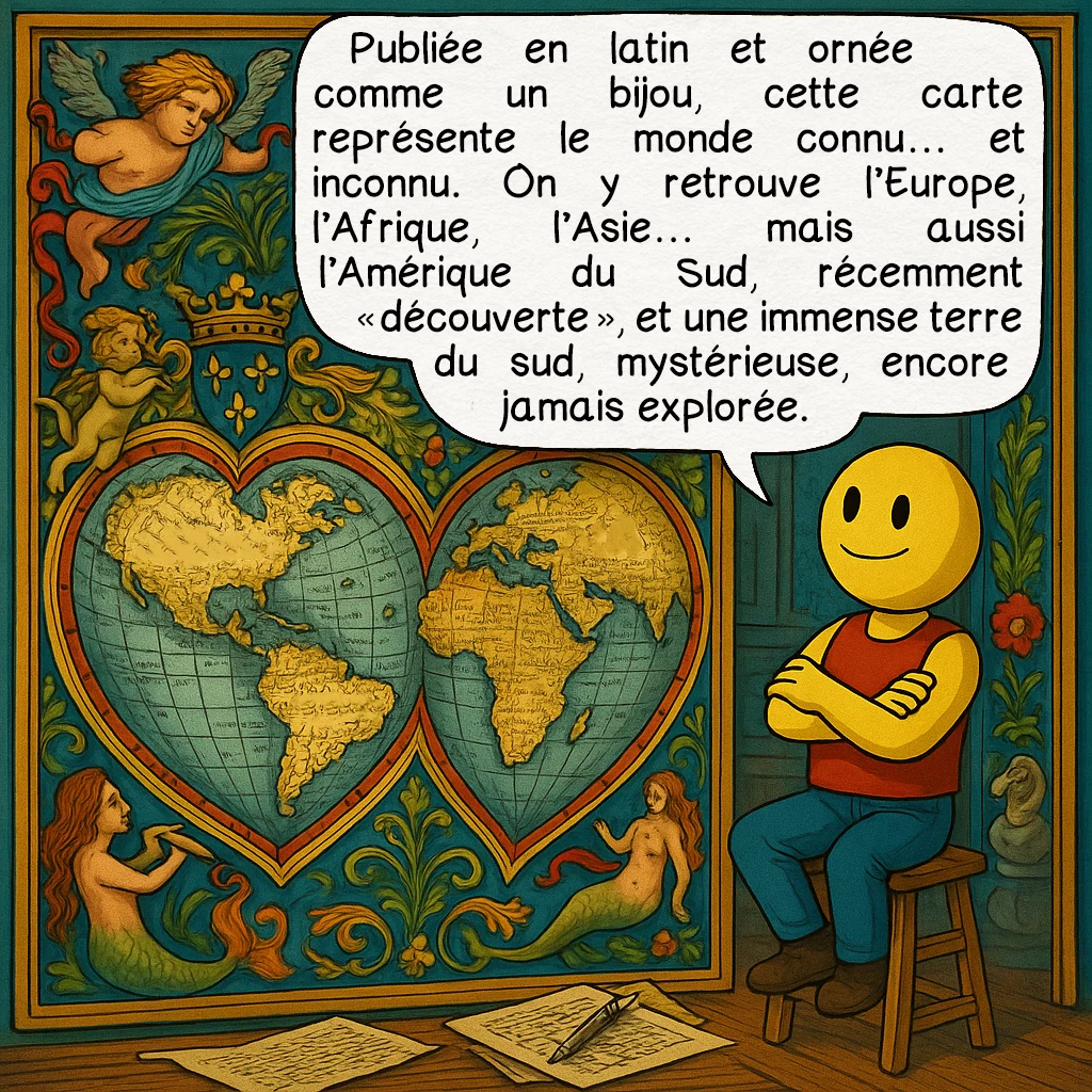 La carte d’Oronce Fine, case 3 : Publiée en latin et ornée comme un bijou, cette carte représente le monde connu… et inconnu. On y retrouve l’Europe, l’Afrique, l’Asie… mais aussi l’Amérique du Sud — récemment « découverte » — et une immense terre du sud, mystérieuse, encore jamais explorée.