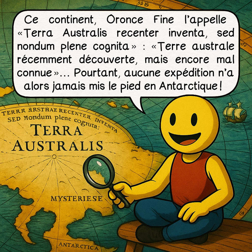 La carte d’Oronce Fine, case 4 : Ce continent, Oronce Fine l’appelle « Terra Australis recenter inventa, sed nondum plene cognita » : « Terre australe récemment découverte, mais encore mal connue »… Pourtant, aucune expédition n’a alors jamais mis le pied en Antarctique !