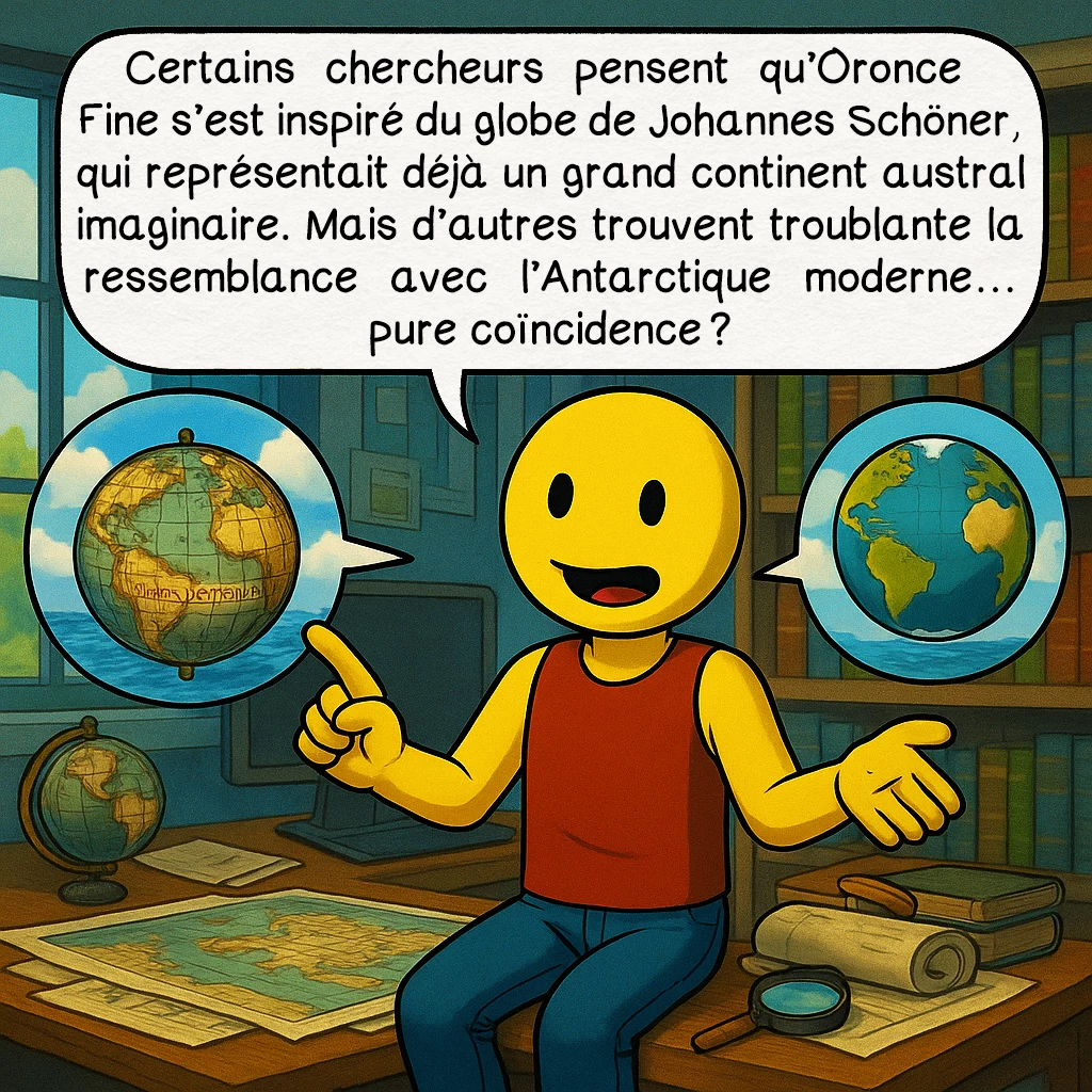 La carte d’Oronce Fine, case 5 : Certains chercheurs pensent qu’Oronce Fine s’est inspiré du globe de Johannes Schöner, qui représentait déjà un grand continent austral imaginaire. Mais d’autres trouvent troublante la ressemblance avec l’Antarctique moderne… pure coïncidence ?